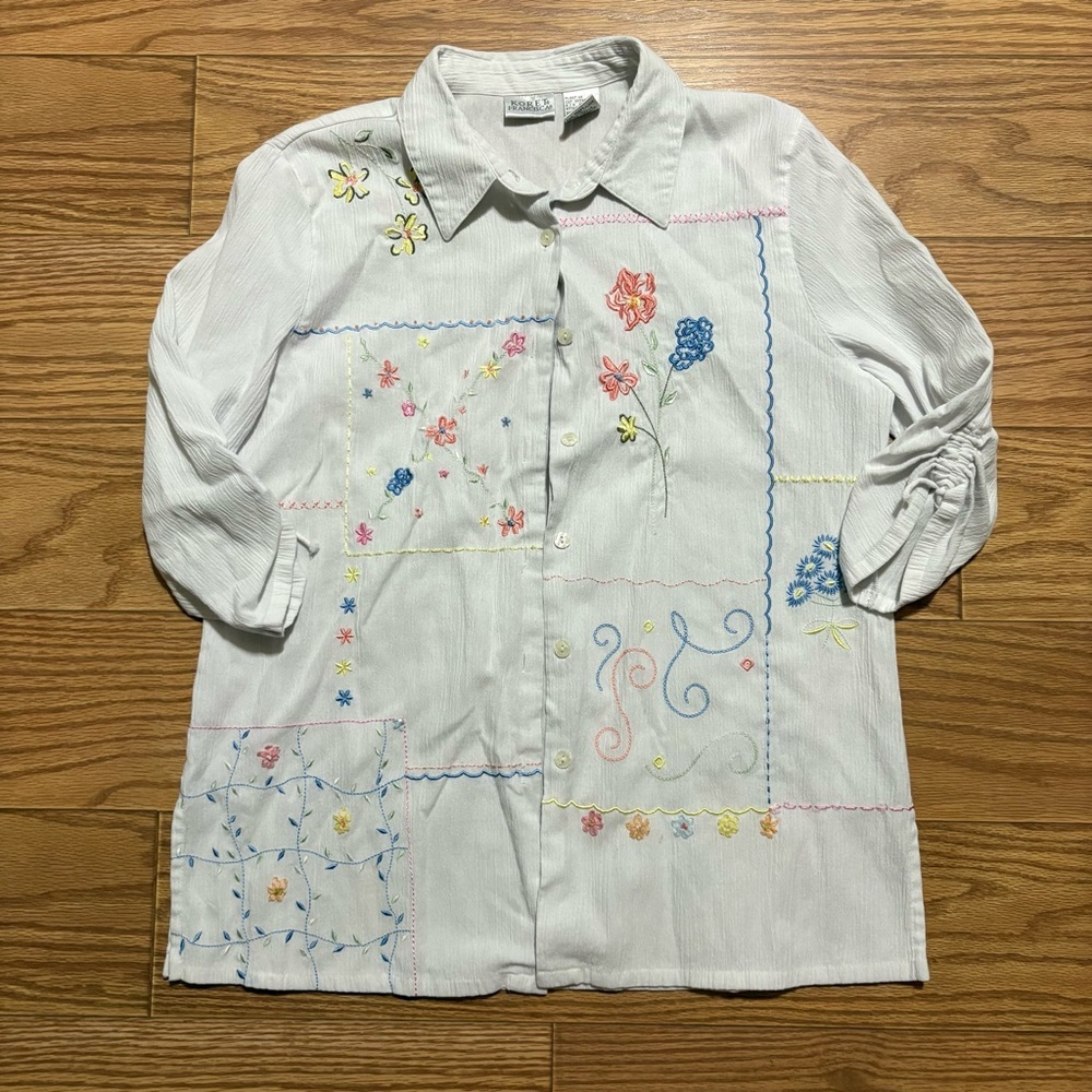 Vintage Koret Francesca Spring Embroidered Floral Button Down Medium Easter